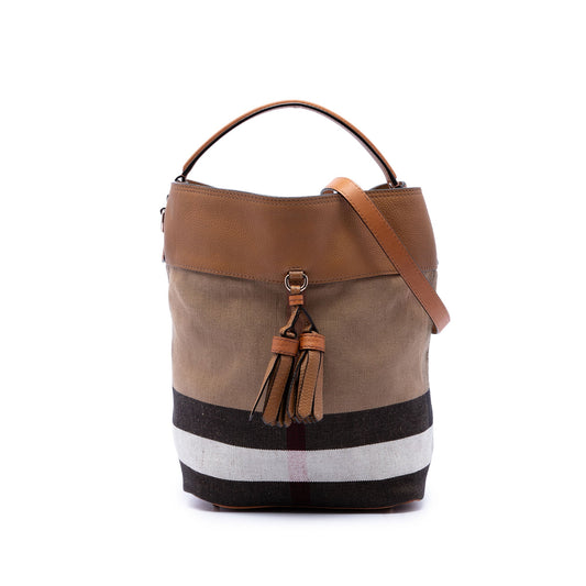 Burberry Medium Mega Check Canvas and Grained Calfskin Ashby Tassel Bucket Bag