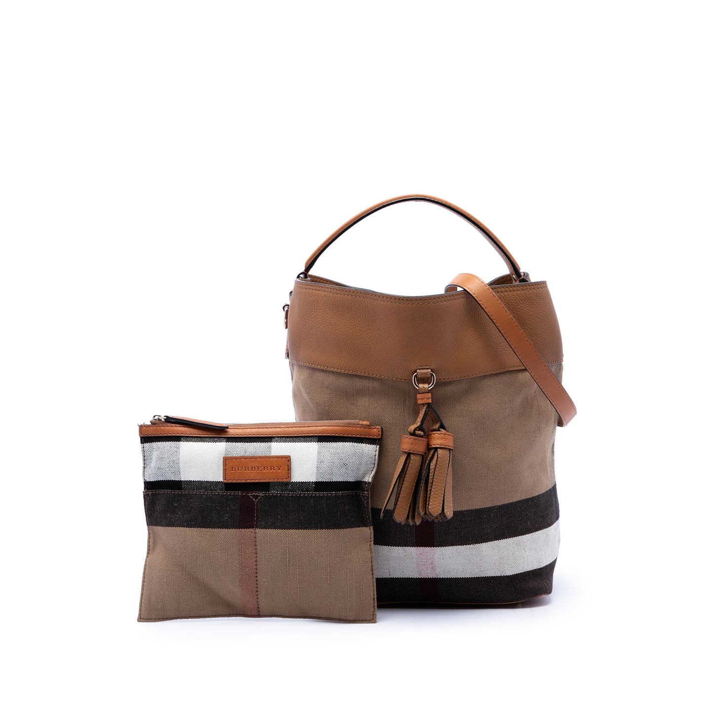 Burberry Medium Mega Check Canvas and Grained Calfskin Ashby Tassel Bucket Bag