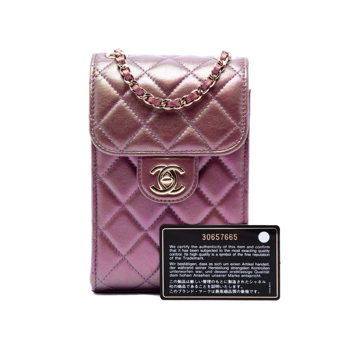 Chanel CC Quilted Iridescent Lambskin Phone Holder with Chain