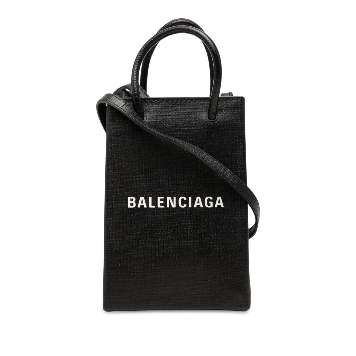 Balenciaga Mini Calfskin Logo Shopping Phone Holder — Black