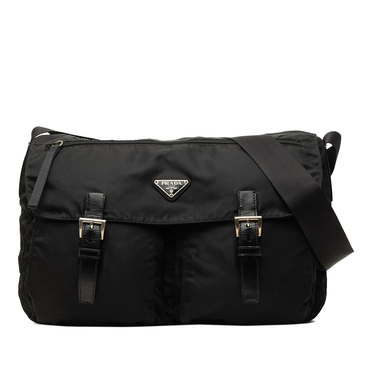 Prada Tessuto Zip Double Buckle Messenger Bag — Black
