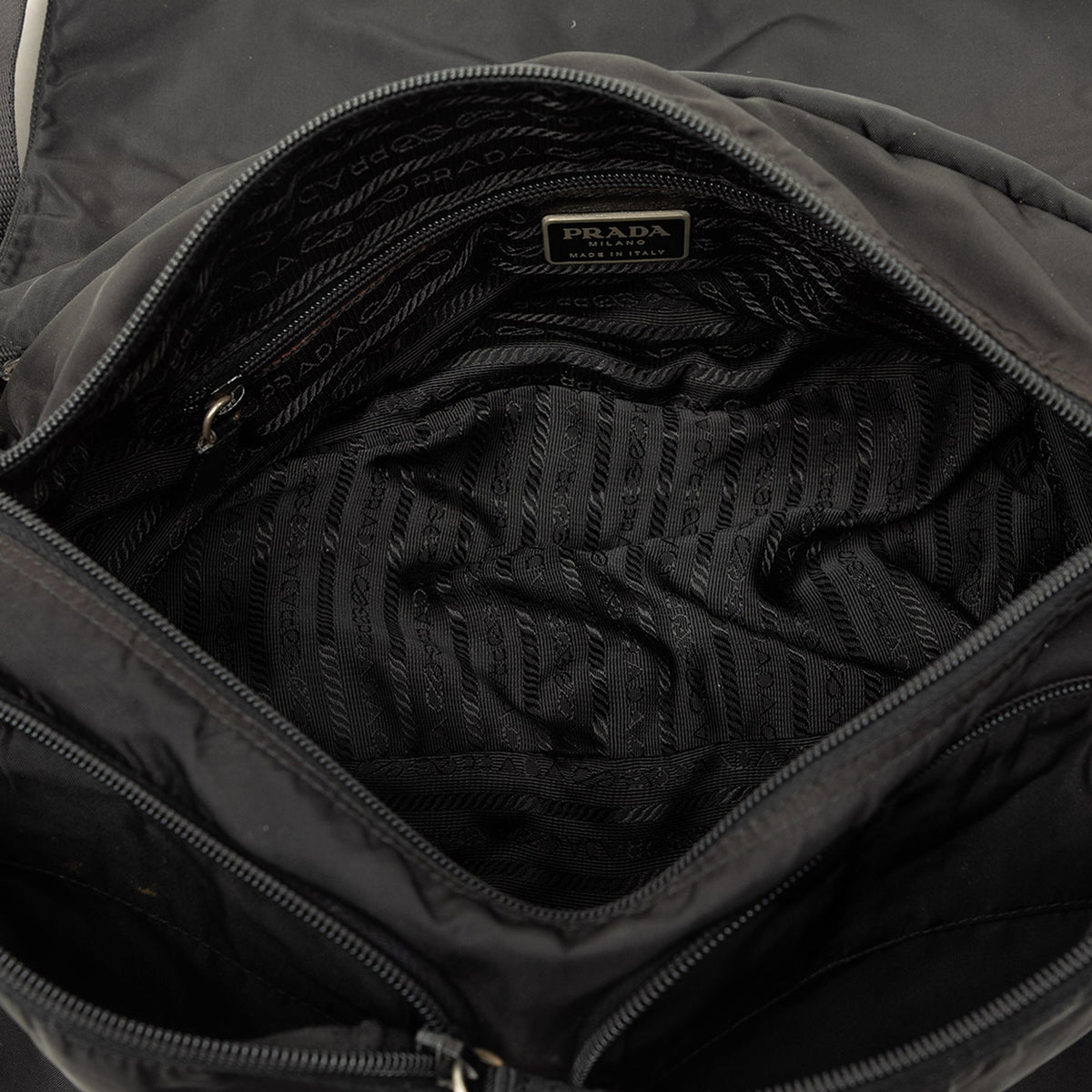 Prada Tessuto Zip Double Buckle Messenger Bag — Black
