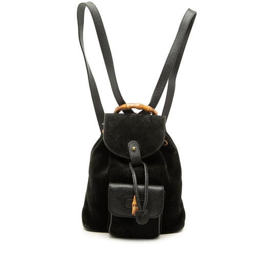 Gucci Suede Bamboo Drawstring Backpack — Black