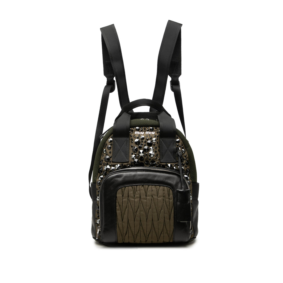 Miu Miu Leather Trimmed Crystal Embellished Matelasse Nylon Backpack — Brown