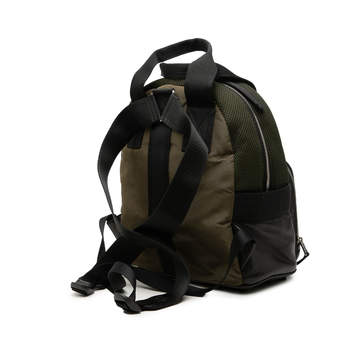 Miu Miu Leather Trimmed Crystal Embellished Matelasse Nylon Backpack — Brown