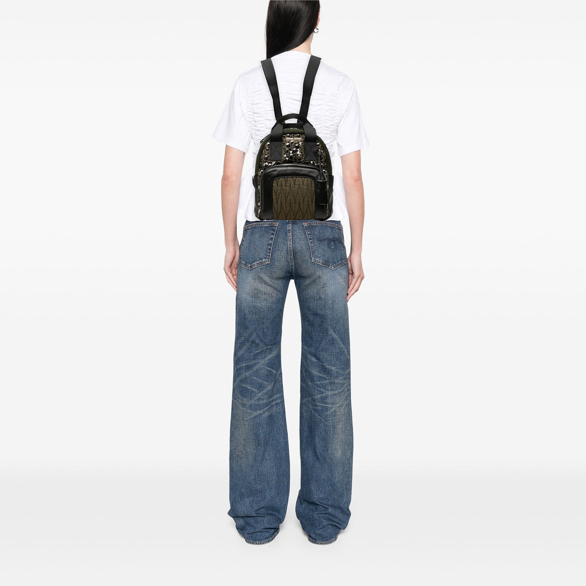 Miu Miu Leather Trimmed Crystal Embellished Matelasse Nylon Backpack — Brown