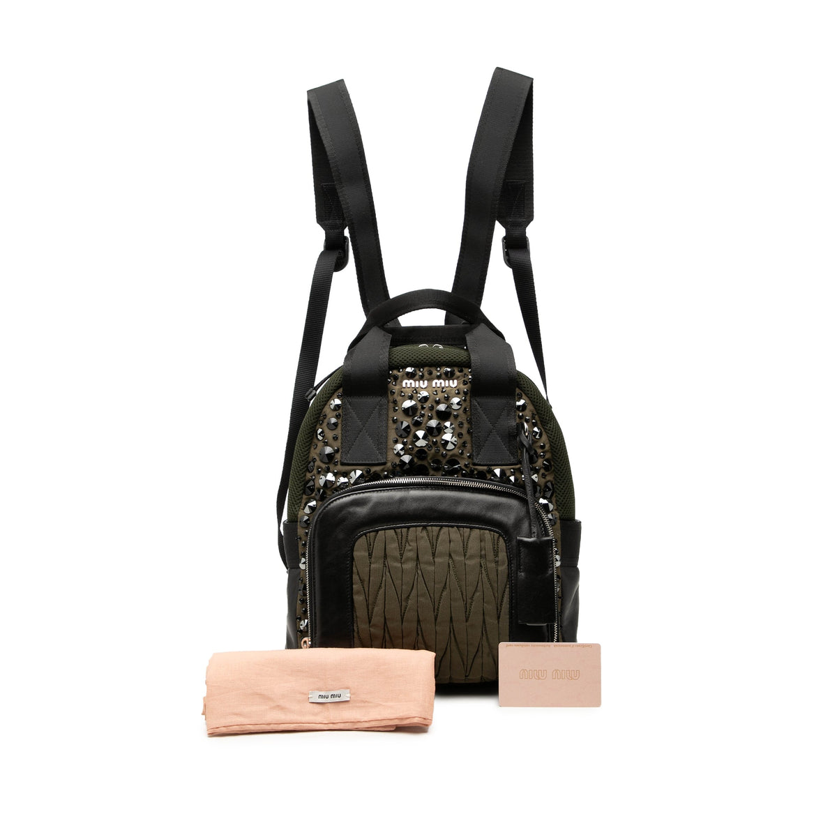 Miu Miu Leather Trimmed Crystal Embellished Matelasse Nylon Backpack — Brown