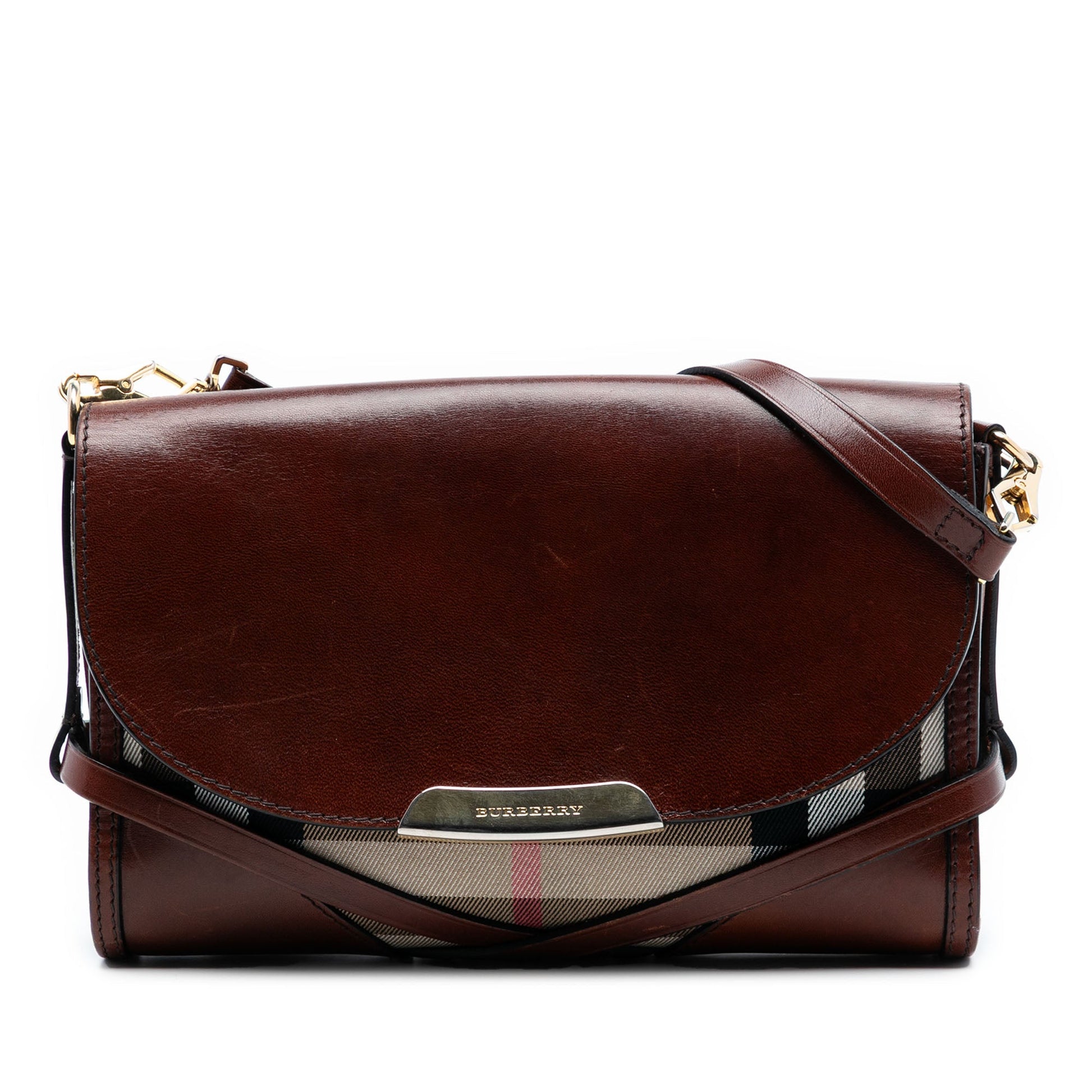 Burberry Leather and House Check Canvas Bridle Abbott Crossbody