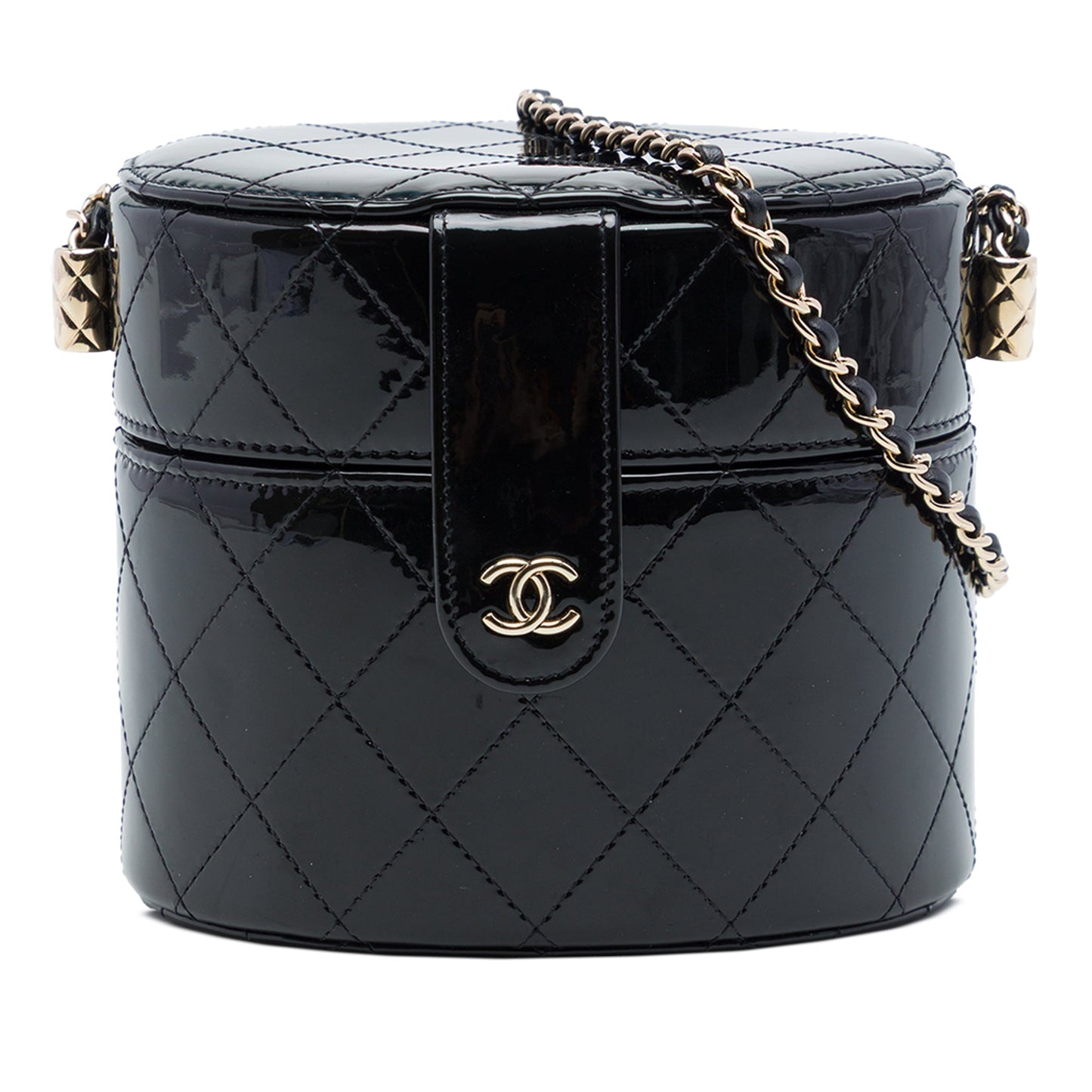 Chanel CC Quilted Patent Round Vanity Clutch With Chain