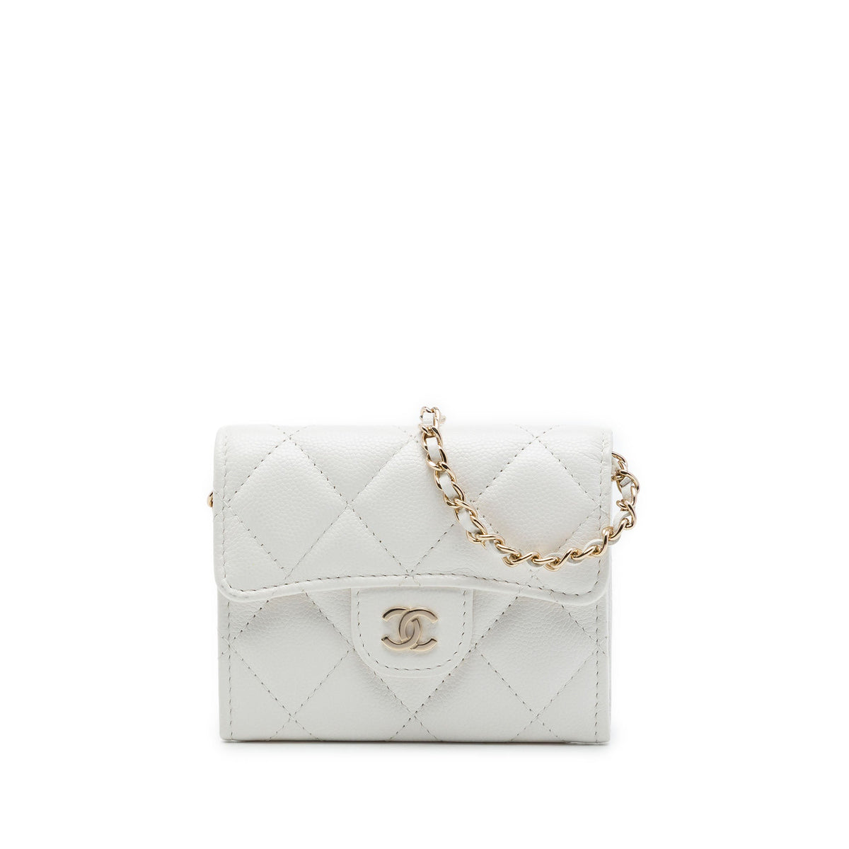Chanel CC Quilted Caviar Flap Card Holder on Chain — White