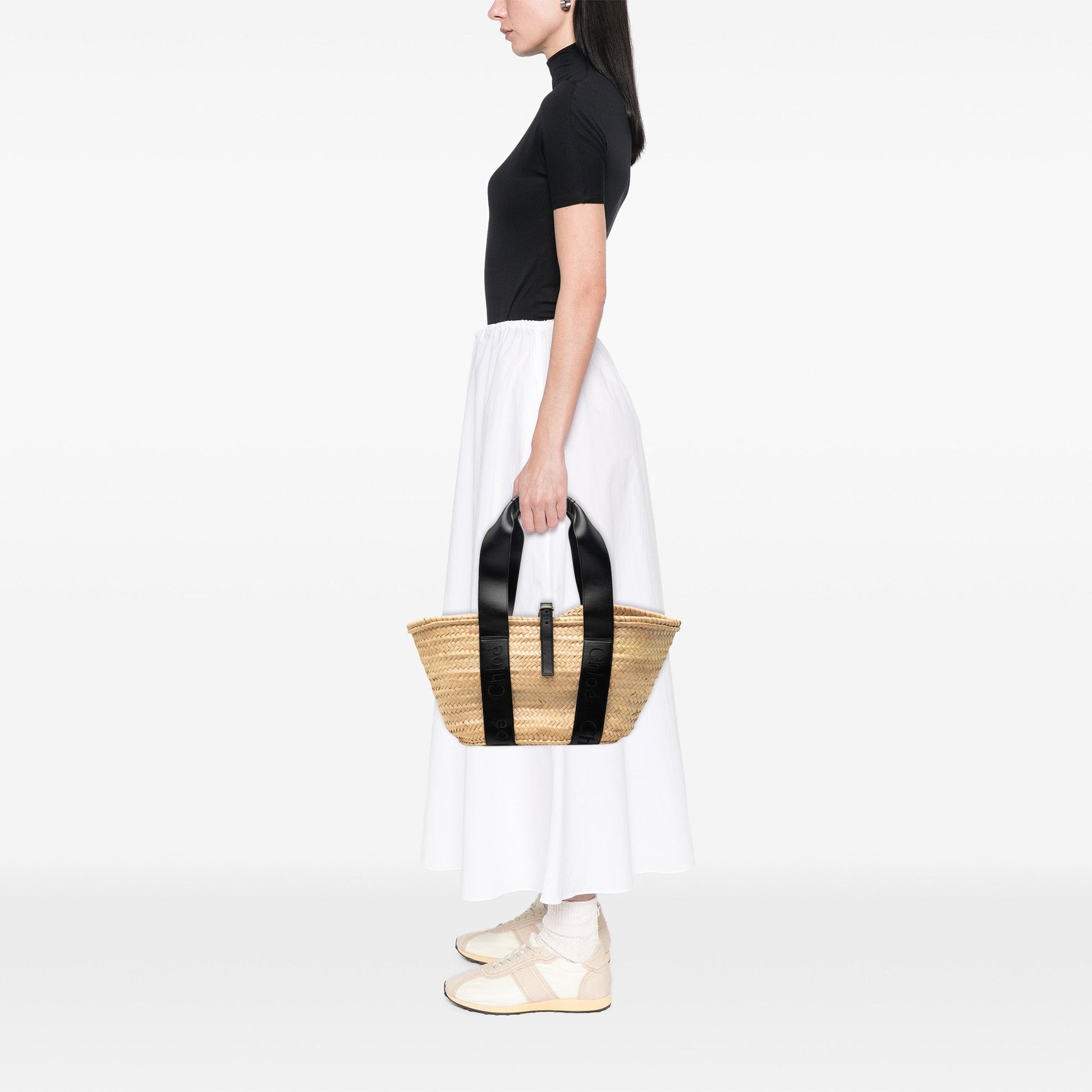 Medium Raffia and Smooth Calfskin Sense Basket Tote