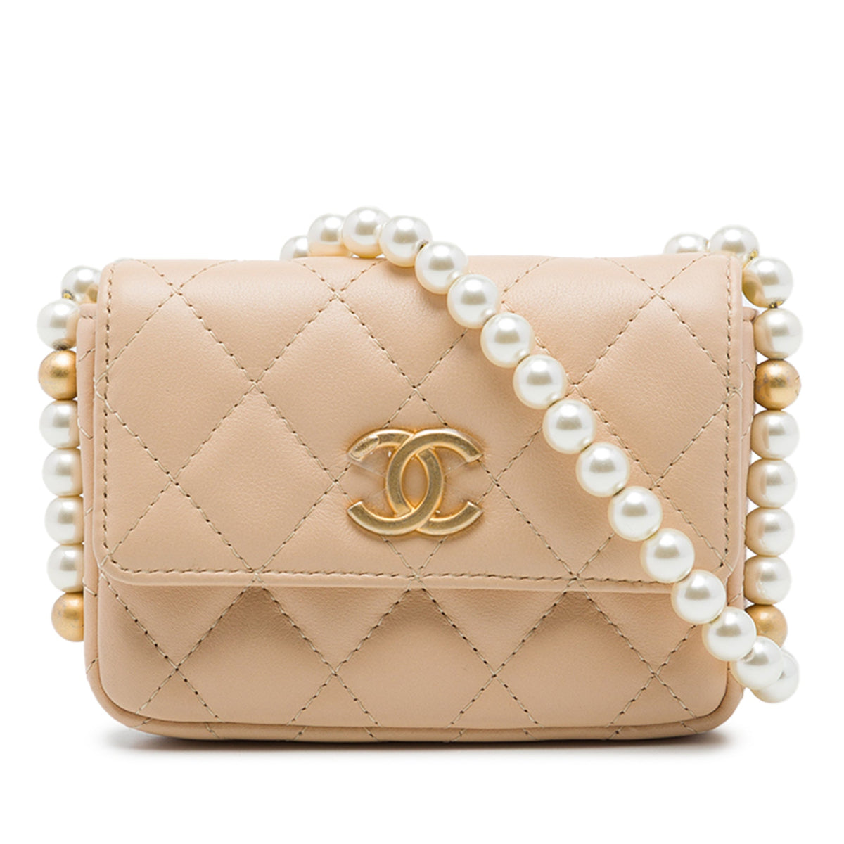 Chanel Quilted Lambskin About Pearls Card Holder On Chain — Beige