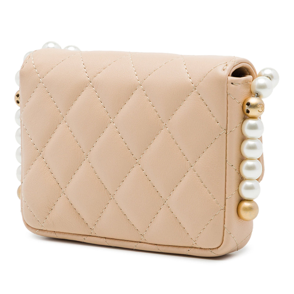Chanel Quilted Lambskin About Pearls Card Holder On Chain — Beige