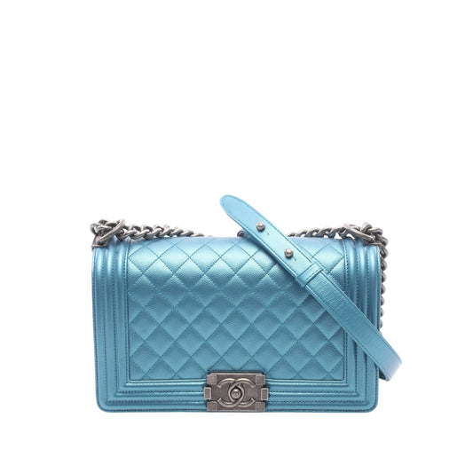 Chanel Quilted Metallic Caviar Boy Flap — Blue