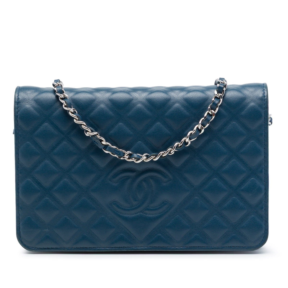Chanel CC Embossed Lambskin Diamond Wallet On Chain — Blue
