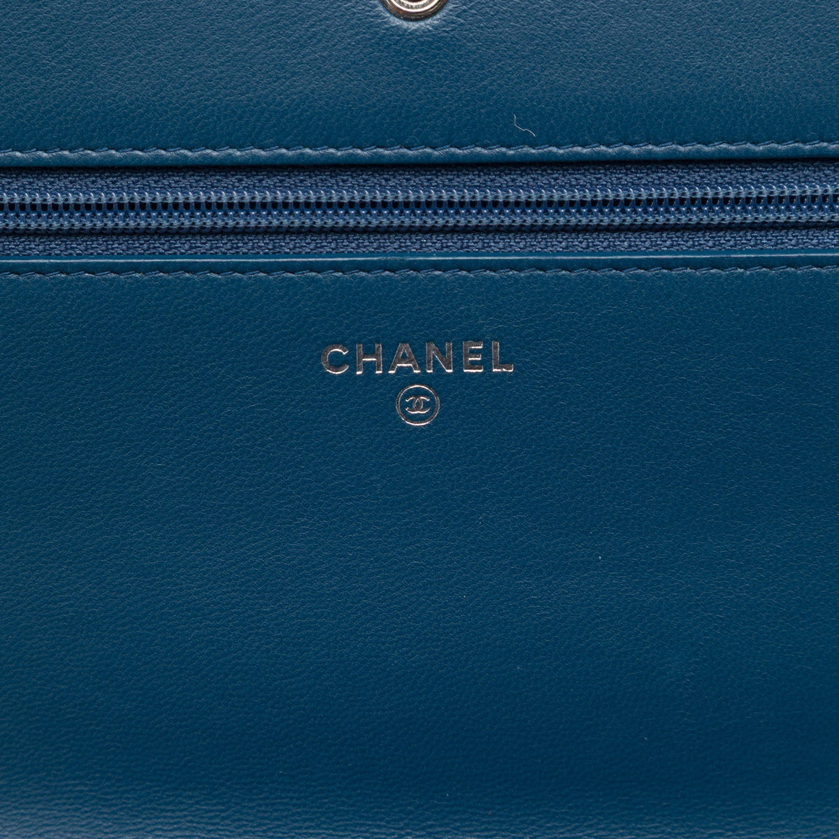 Chanel CC Embossed Lambskin Diamond Wallet On Chain — Blue