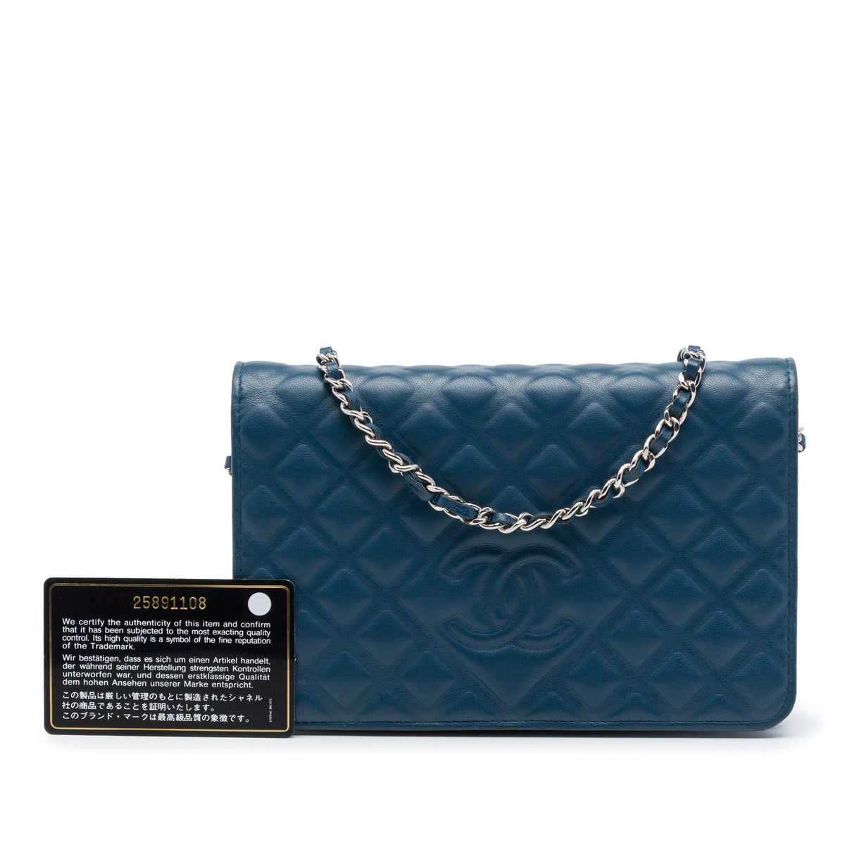 Chanel CC Embossed Lambskin Diamond Wallet On Chain — Blue