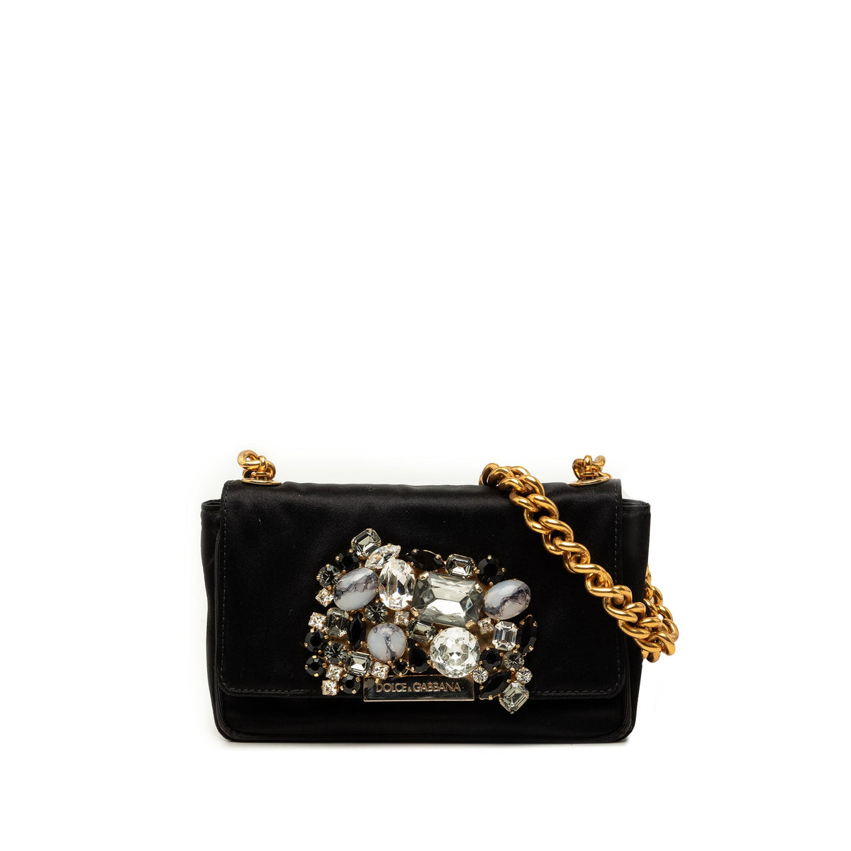 Dolce & Gabbana Crystal Embellished Satin Miss Stone Chain Crossbody — Black
