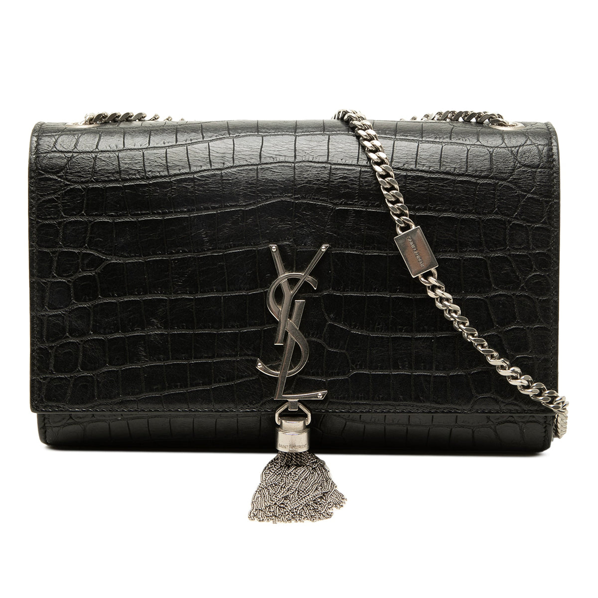 Saint Laurent Medium Croc Embossed Leather Monogram Kate Tassel Crossbody — Black