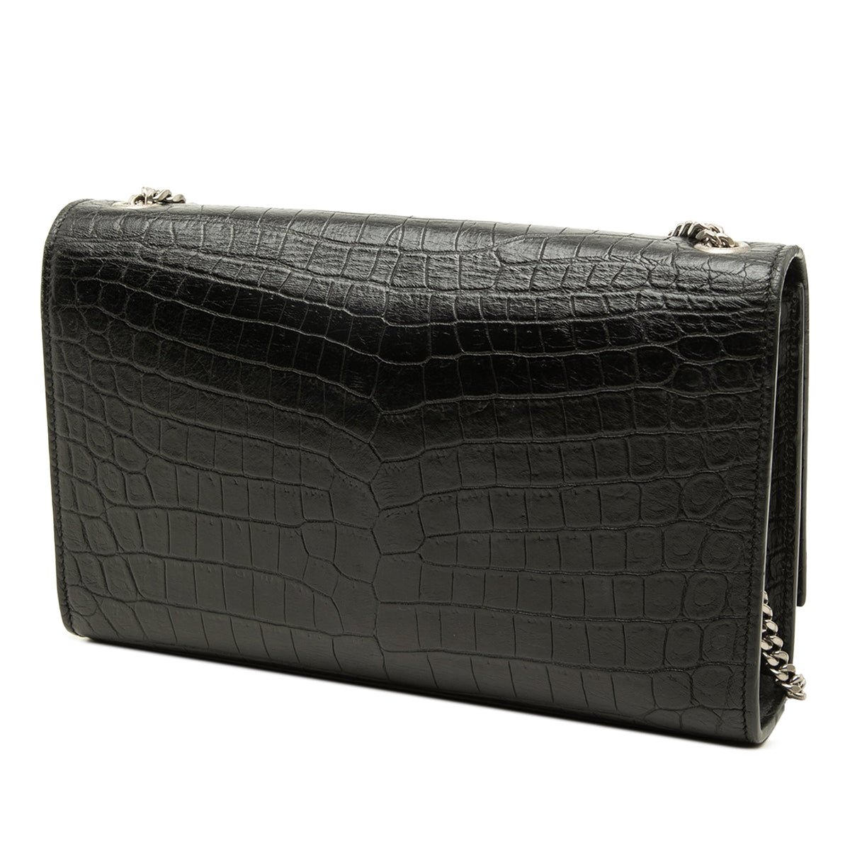 Saint Laurent Medium Croc Embossed Leather Monogram Kate Tassel Crossbody — Black