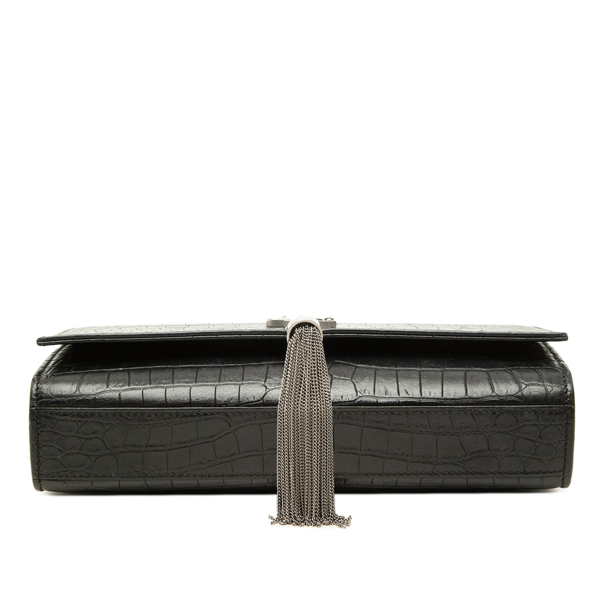 Saint Laurent Medium Croc Embossed Leather Monogram Kate Tassel Crossbody — Black