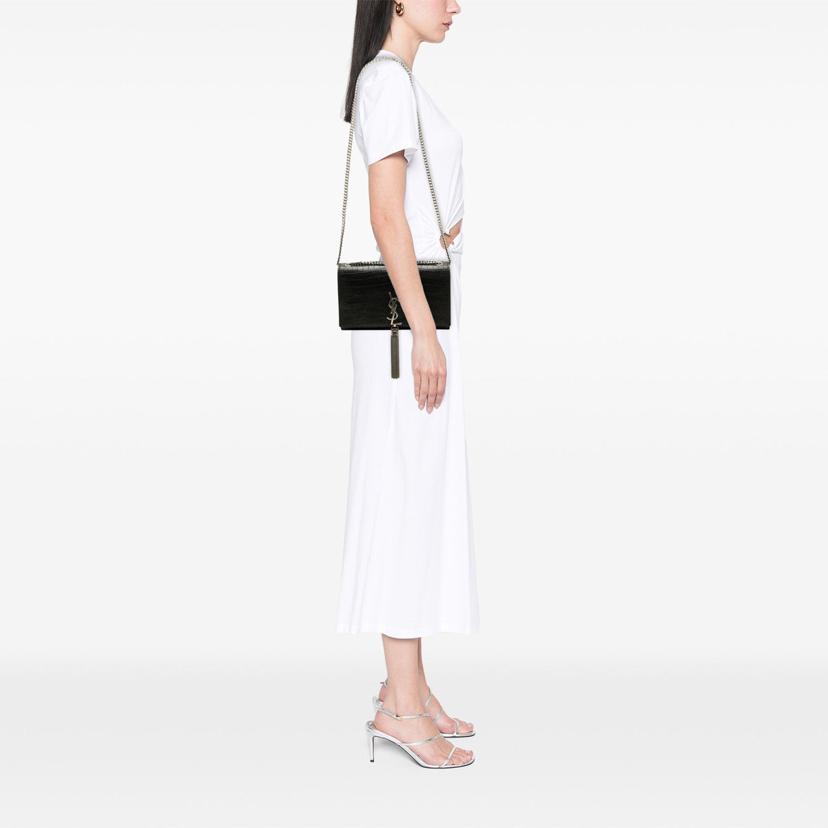 Saint Laurent Medium Croc Embossed Leather Monogram Kate Tassel Crossbody — Black