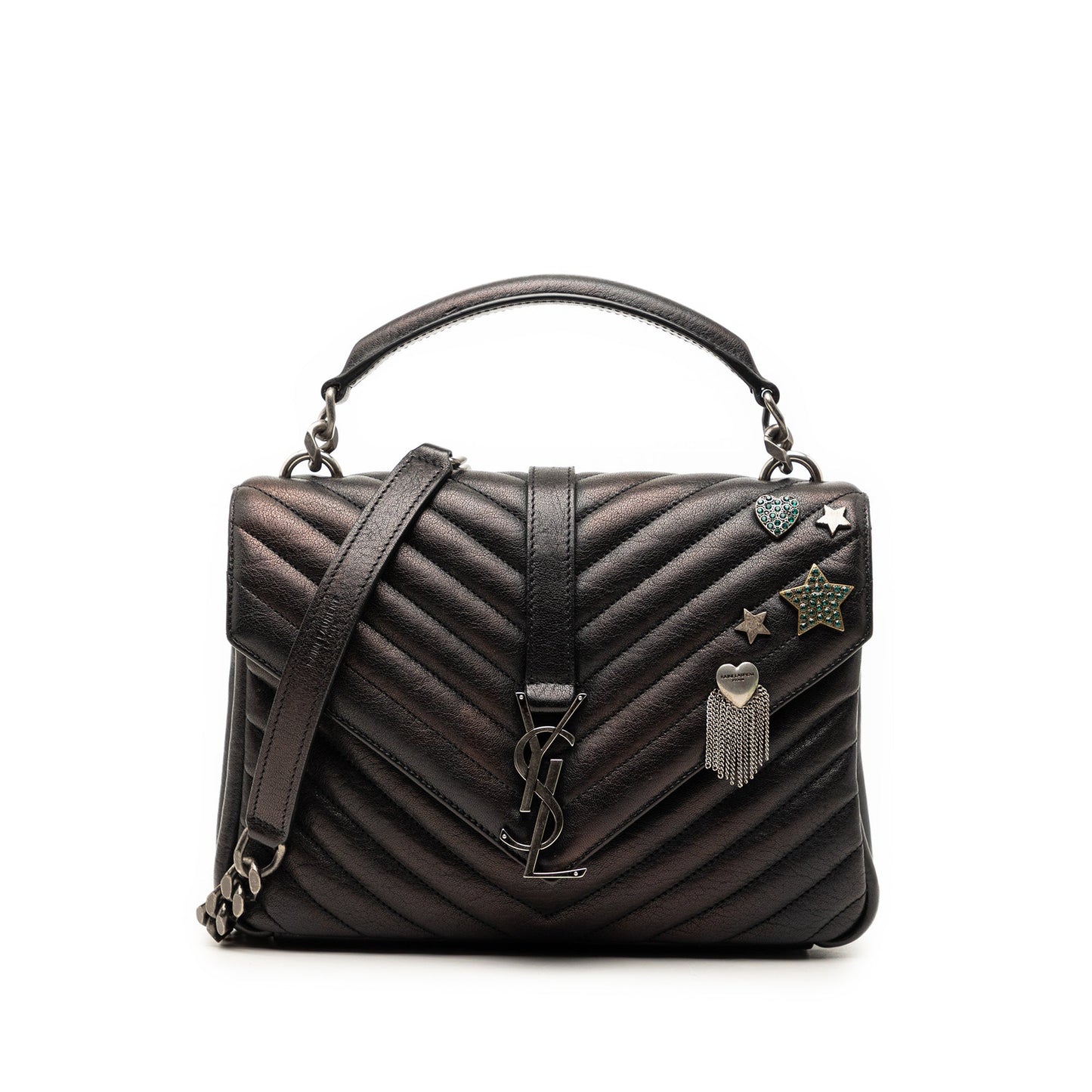 Saint Laurent Medium Metallic Chevron Sheepskin Monogram College Pins Satchel