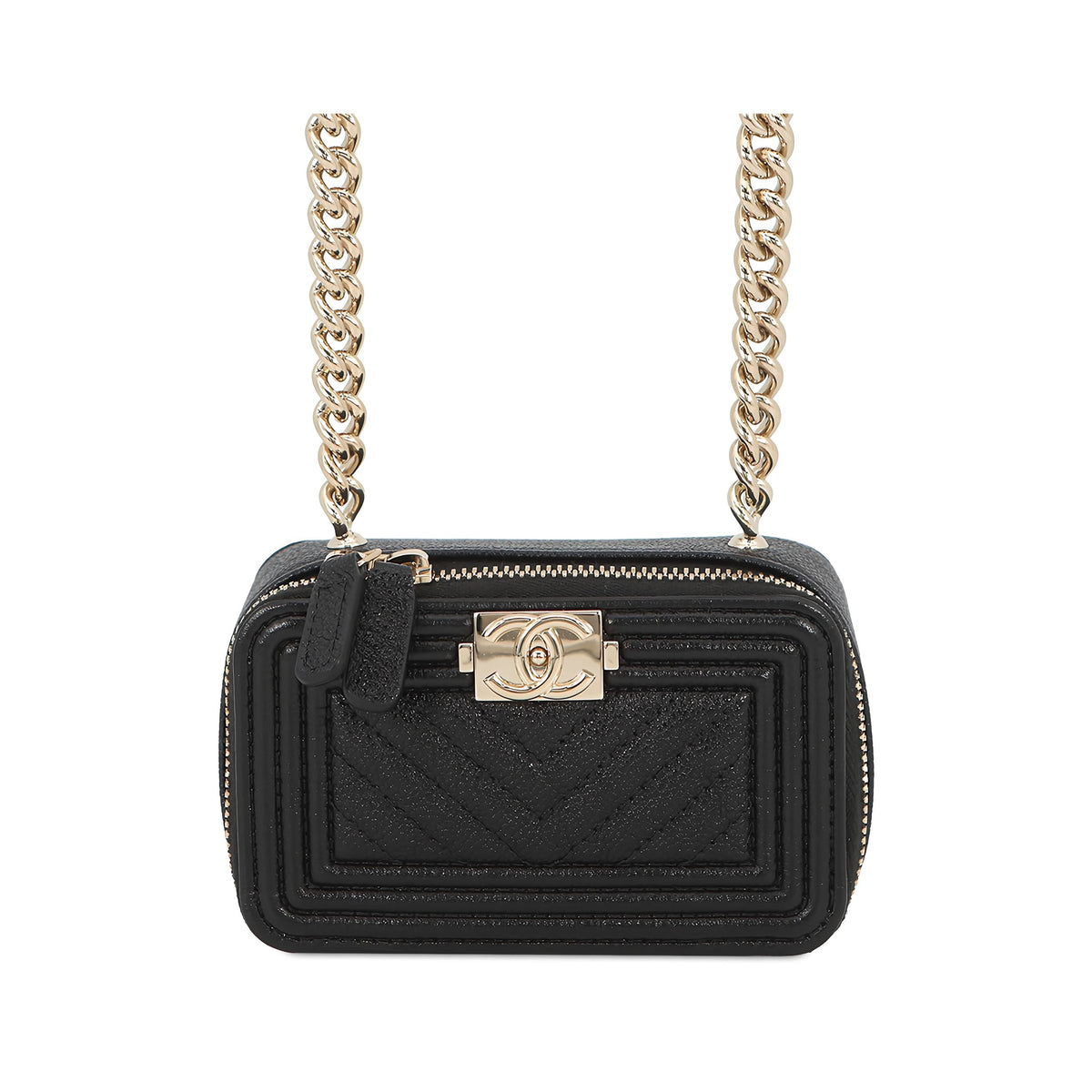 Chanel Mini Chevron Caviar Boy Clutch with Chain — Black