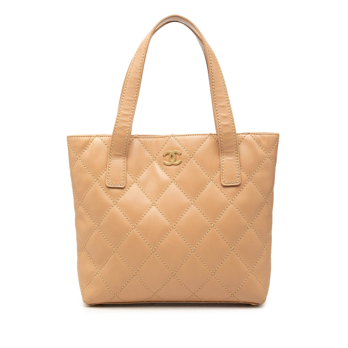 Chanel Small CC Calfskin Wild Stitch Tote — Beige