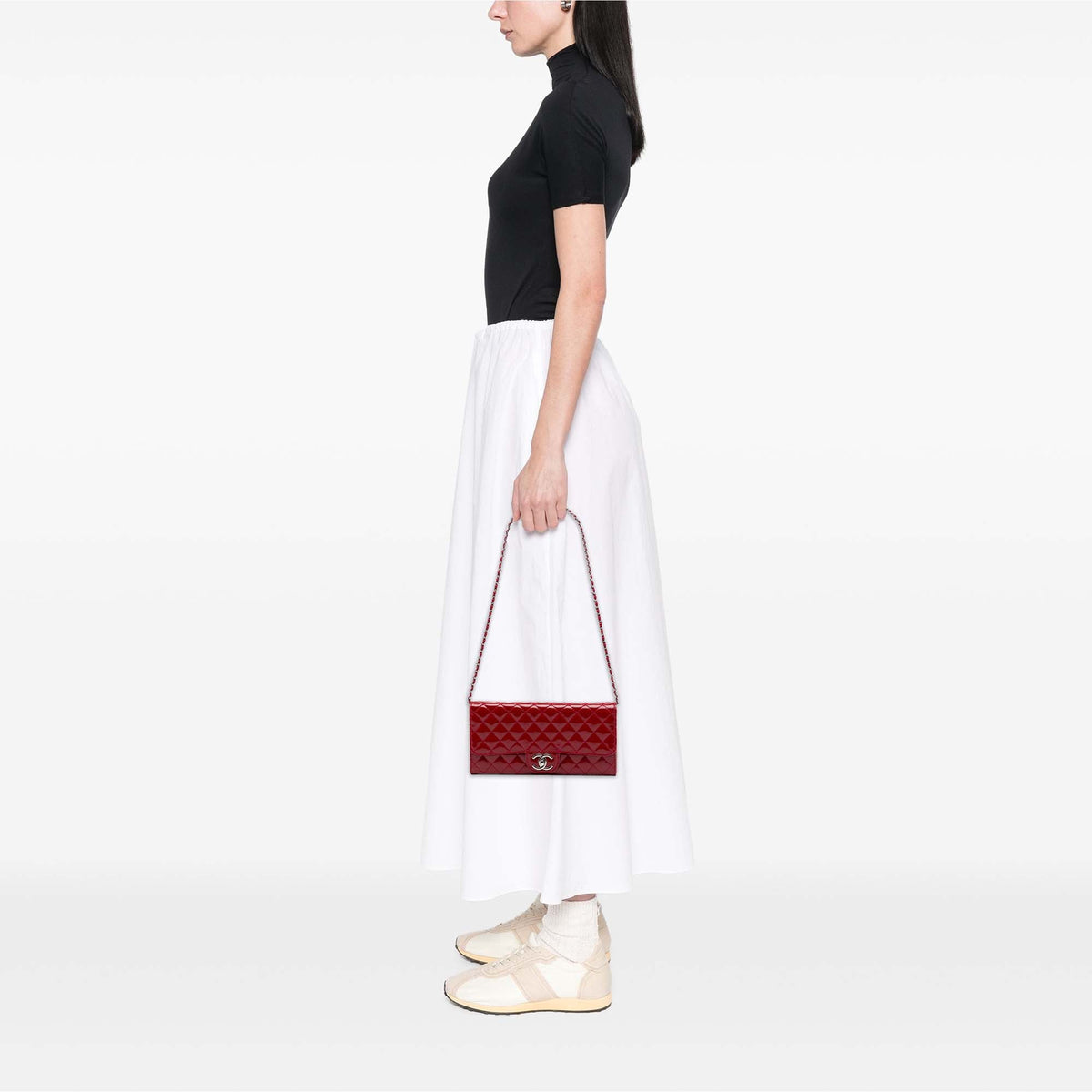 Chanel CC Quilted Patent East West Wallet On Chain — Red