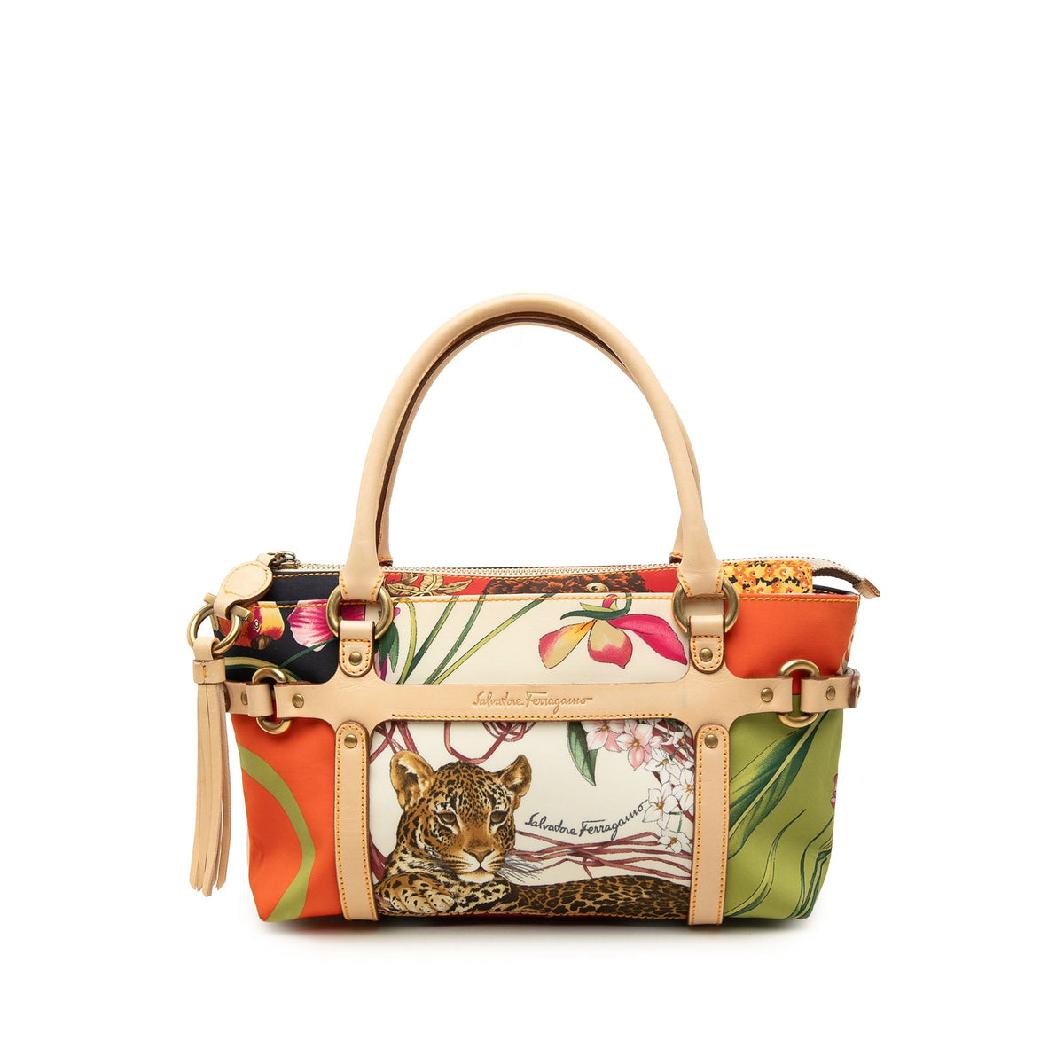 Ferragamo Printed Satin and Leather Fiera Satchel — Multi