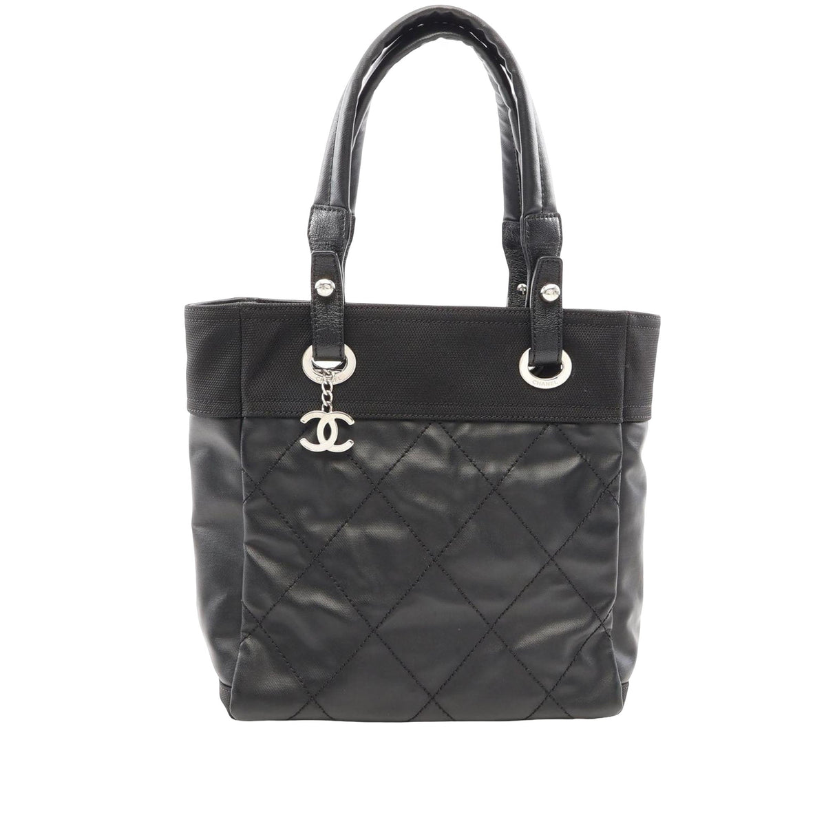 Chanel Small Quilted Coated Canvas Paris Biarritz Tote — Black