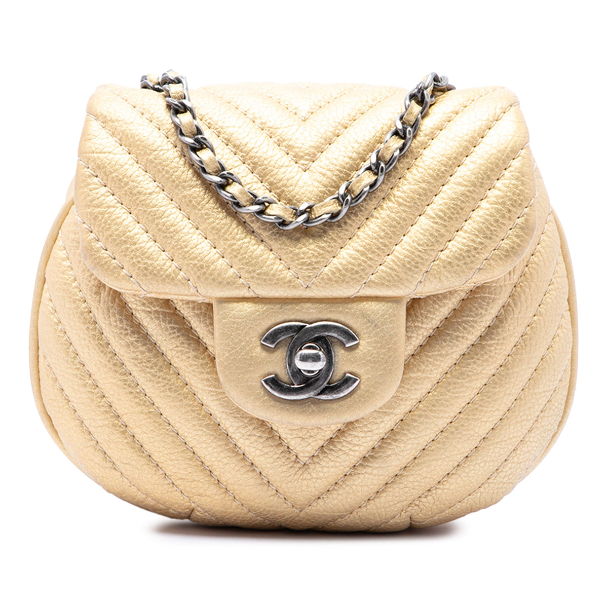 Chanel CC Chevron Metallic Aged Calfskin Bubble Flap — Gold