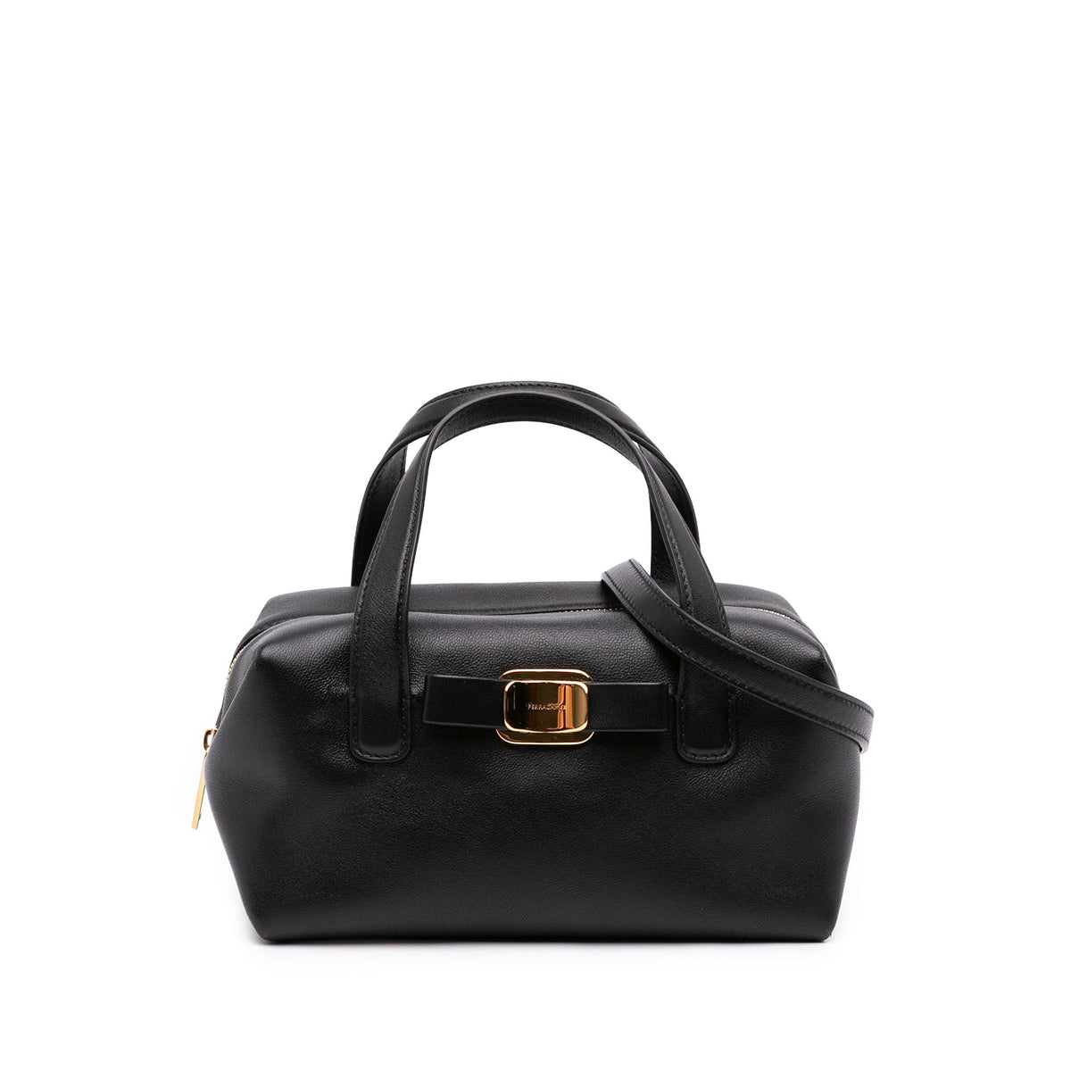 Ferragamo Leather Vara Plate Convertible Bowling Bag — Black