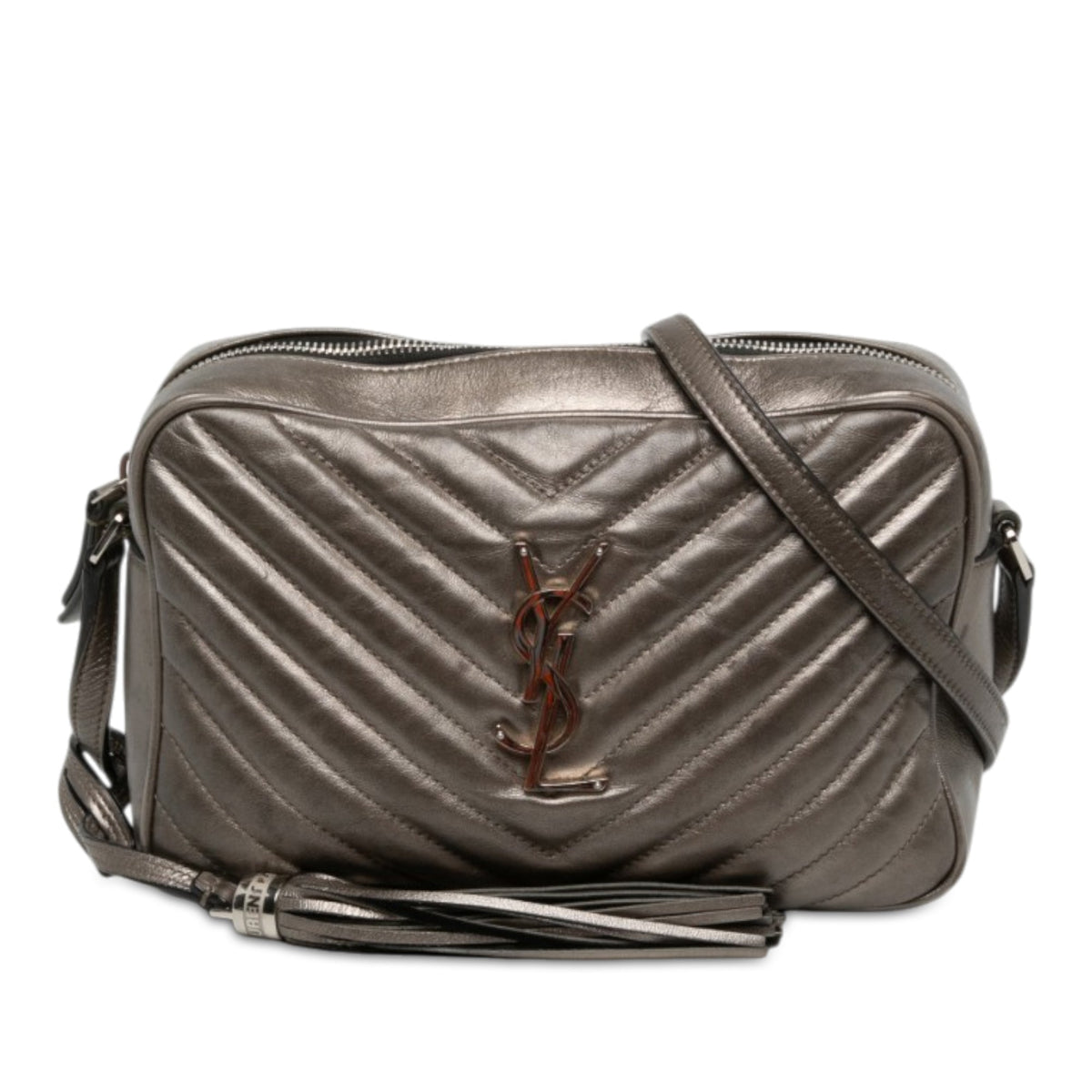 Saint Laurent Matelasse Metallic Leather Monogram Lou Camera Bag — Gray