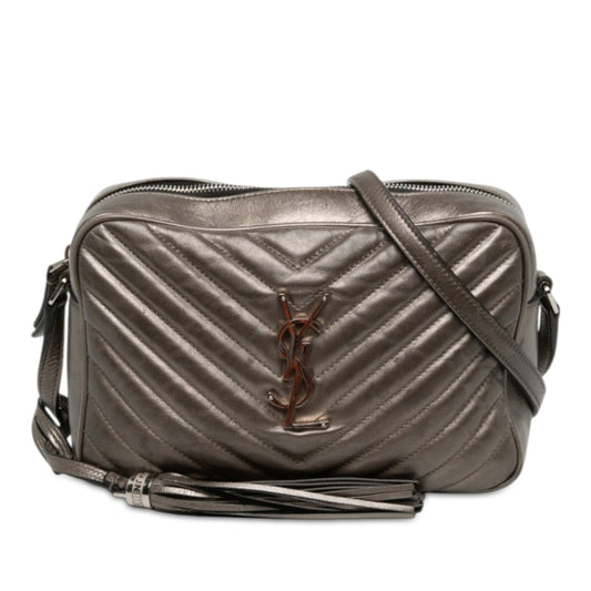 Saint Laurent Matelasse Metallic Leather Monogram Lou Camera Bag — Gray