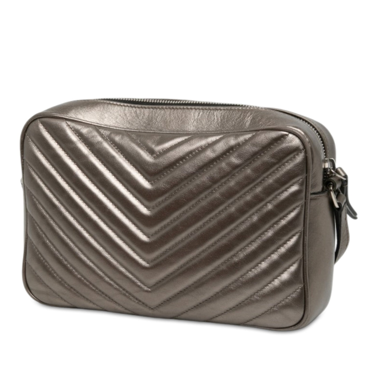 Saint Laurent Matelasse Metallic Leather Monogram Lou Camera Bag — Gray