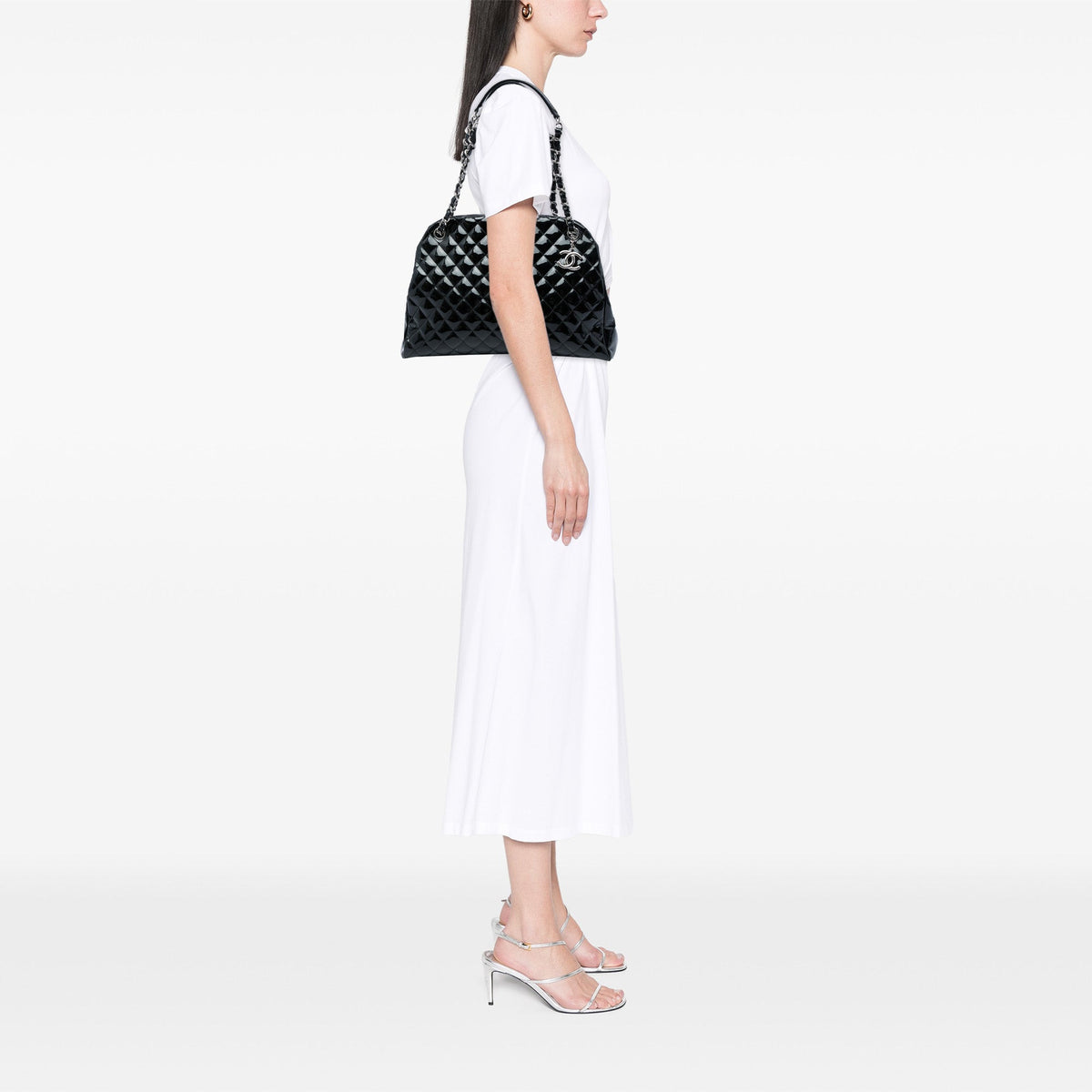 Chanel Large Quilted Patent Just Mademoiselle Bowling Bag — Black