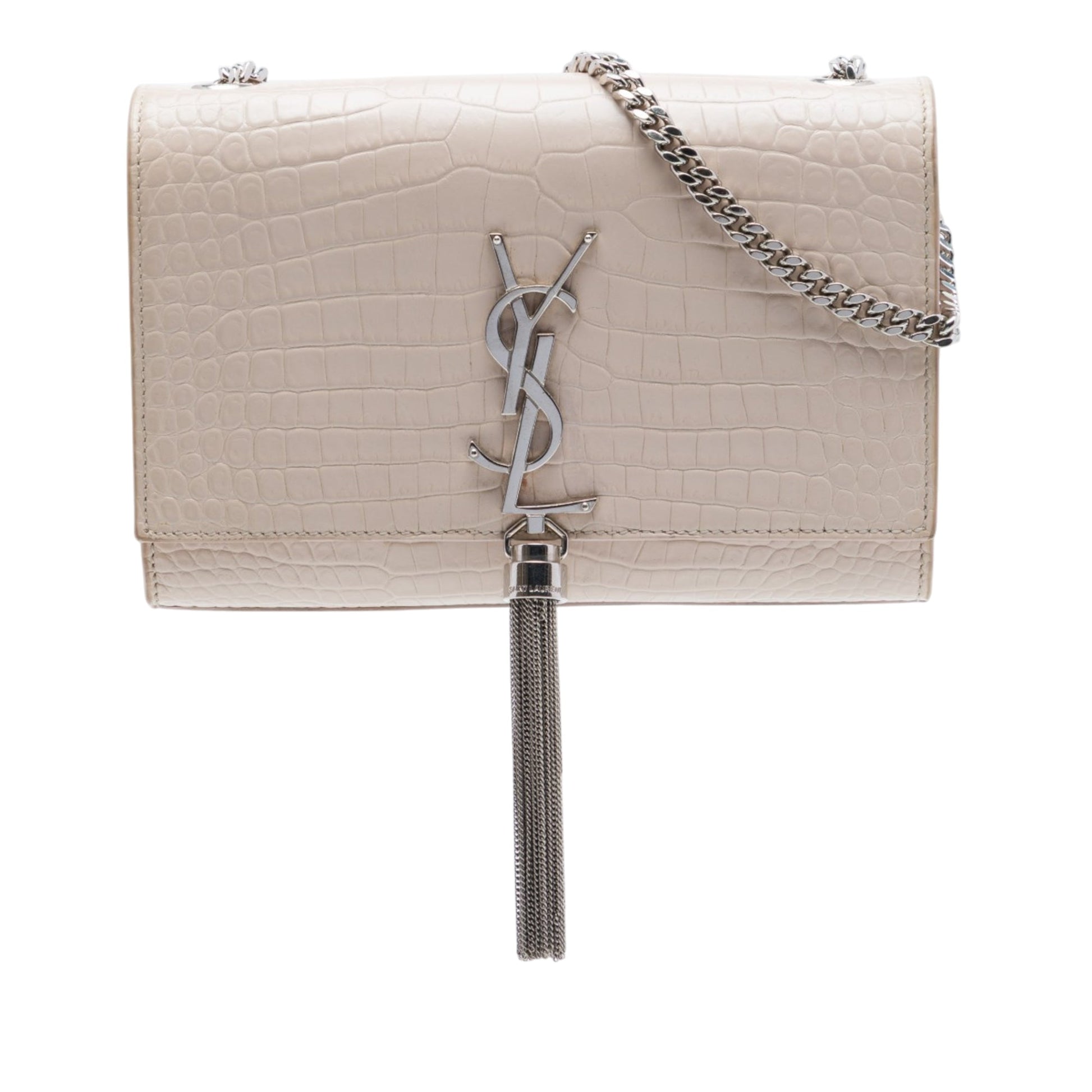 Saint Laurent Medium Croc Embossed Leather Monogram Kate Tassel Crossbody