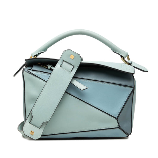 LOEWE Small Tricolor Calfskin Puzzle Satchel — Blue