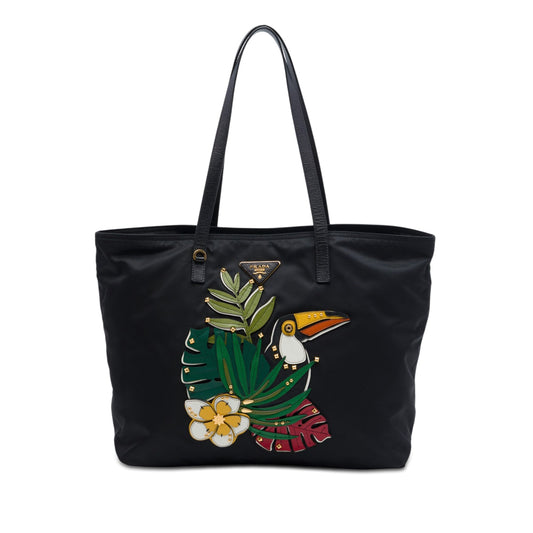 Prada Saffiano Trimmed Tessuto Parrot Applique Tote