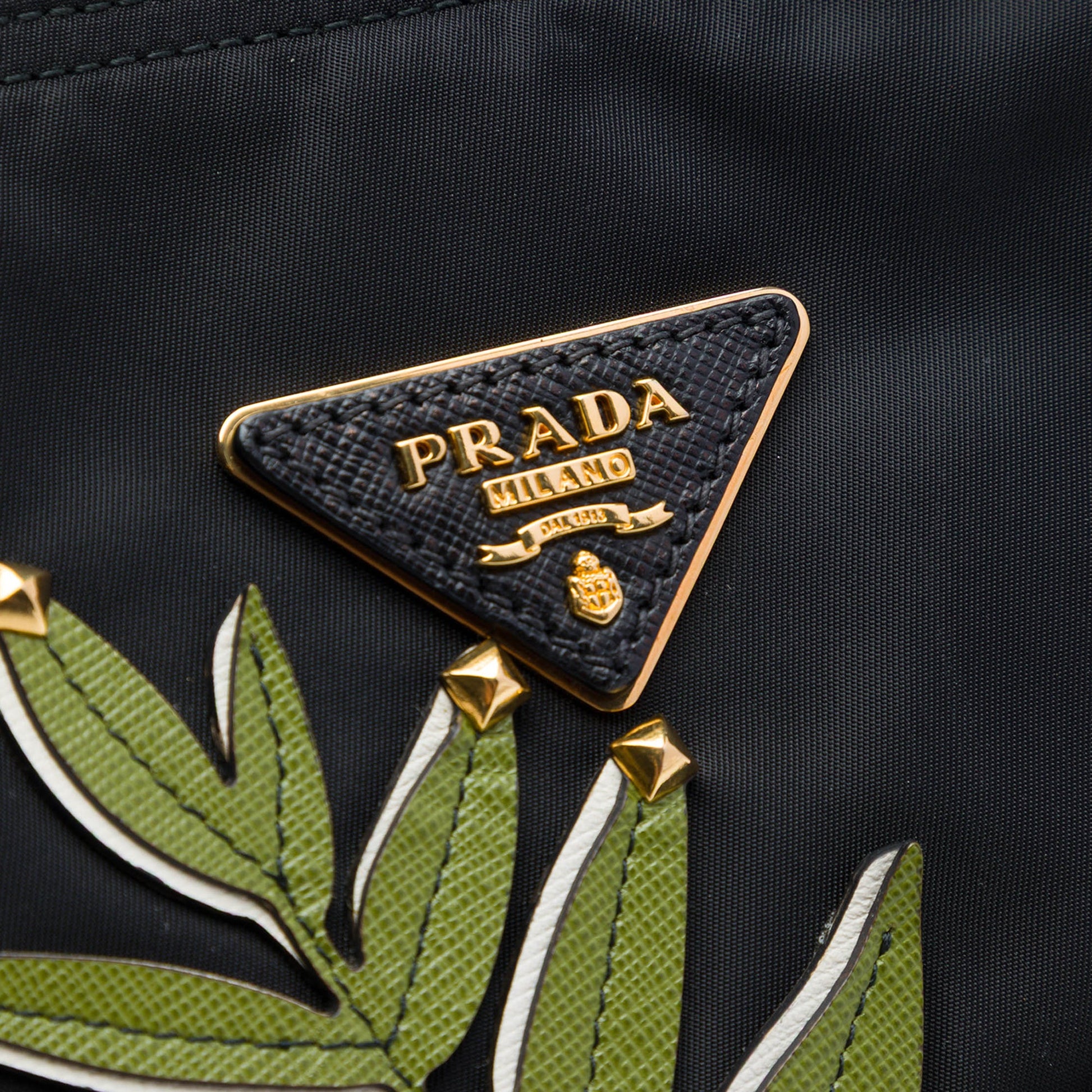 Prada Saffiano Trimmed Tessuto Parrot Applique Tote