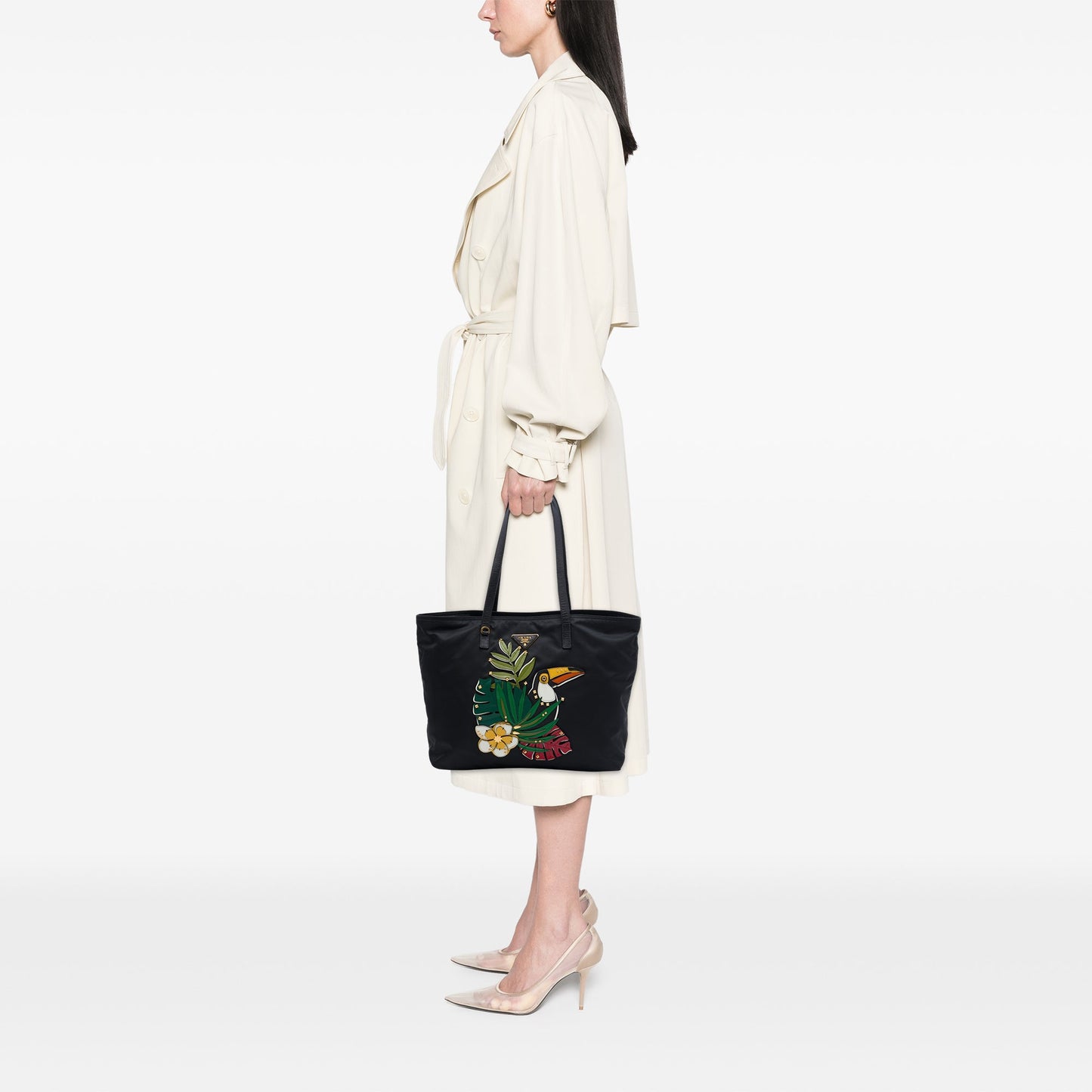 Prada Saffiano Trimmed Tessuto Parrot Applique Tote