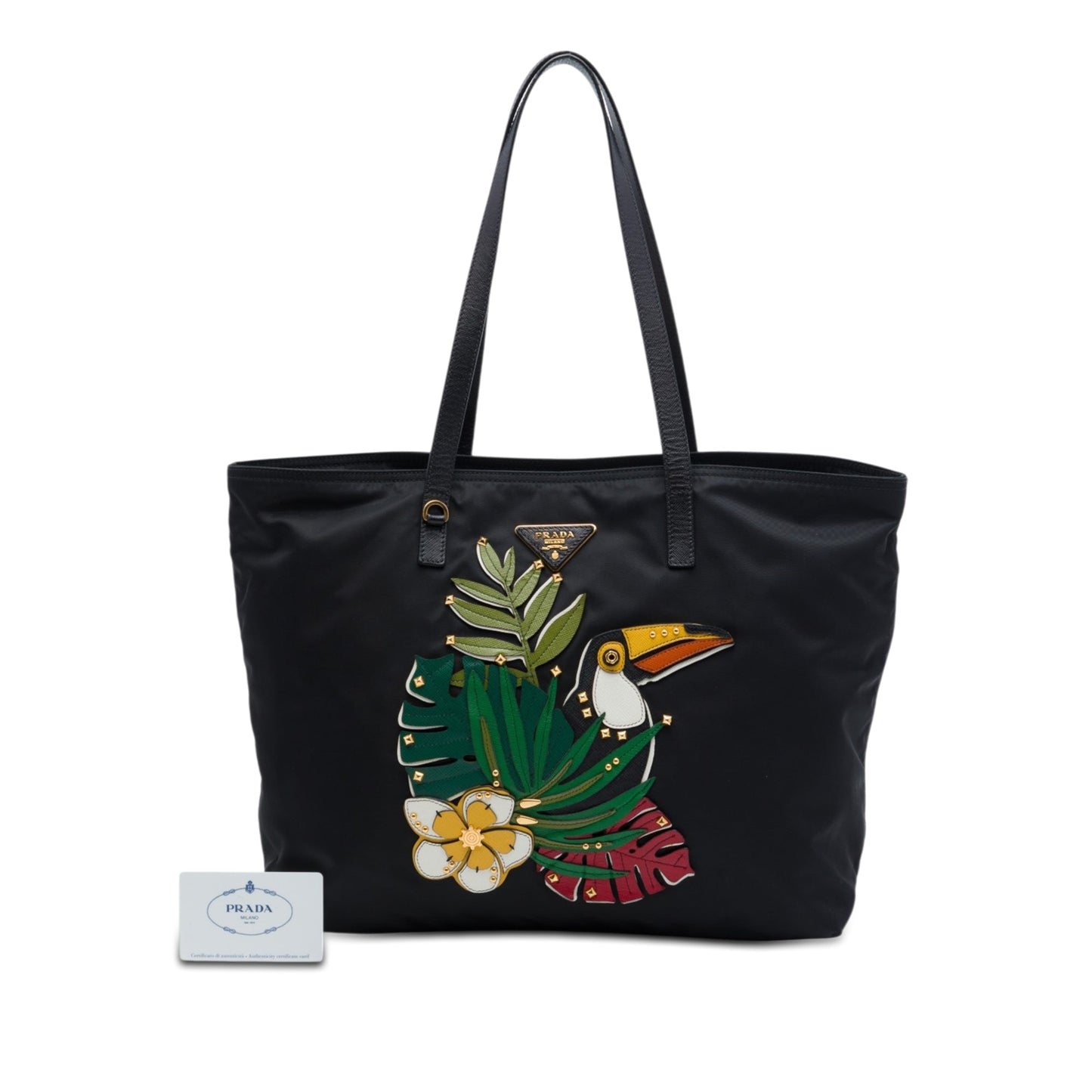 Prada Saffiano Trimmed Tessuto Parrot Applique Tote