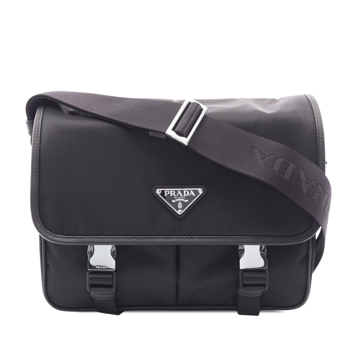 Prada Saffiano Trimmed Tessuto Double Buckle Messenger Bag