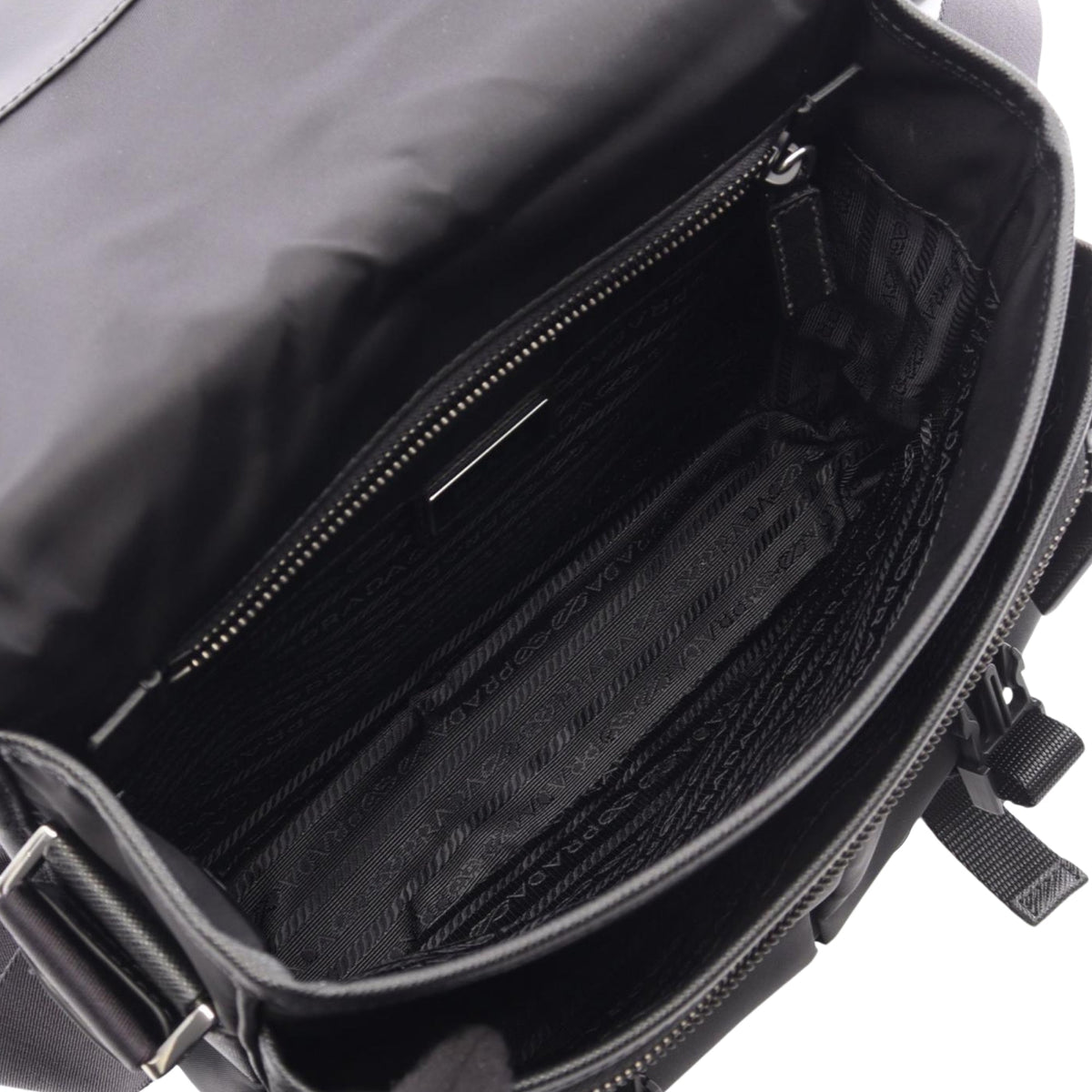 Prada Saffiano Trimmed Tessuto Double Buckle Messenger Bag