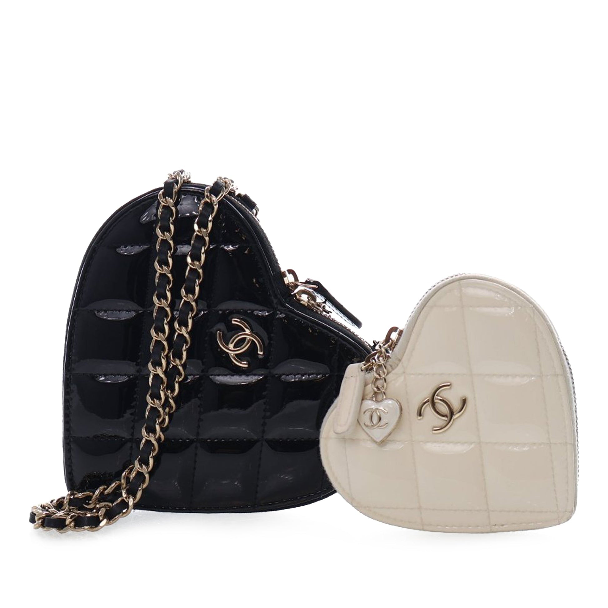 Chanel Quilted Patent Duo Heart Clutch with Chain