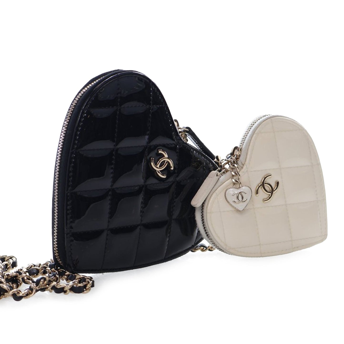 Chanel Quilted Patent Duo Heart Clutch with Chain