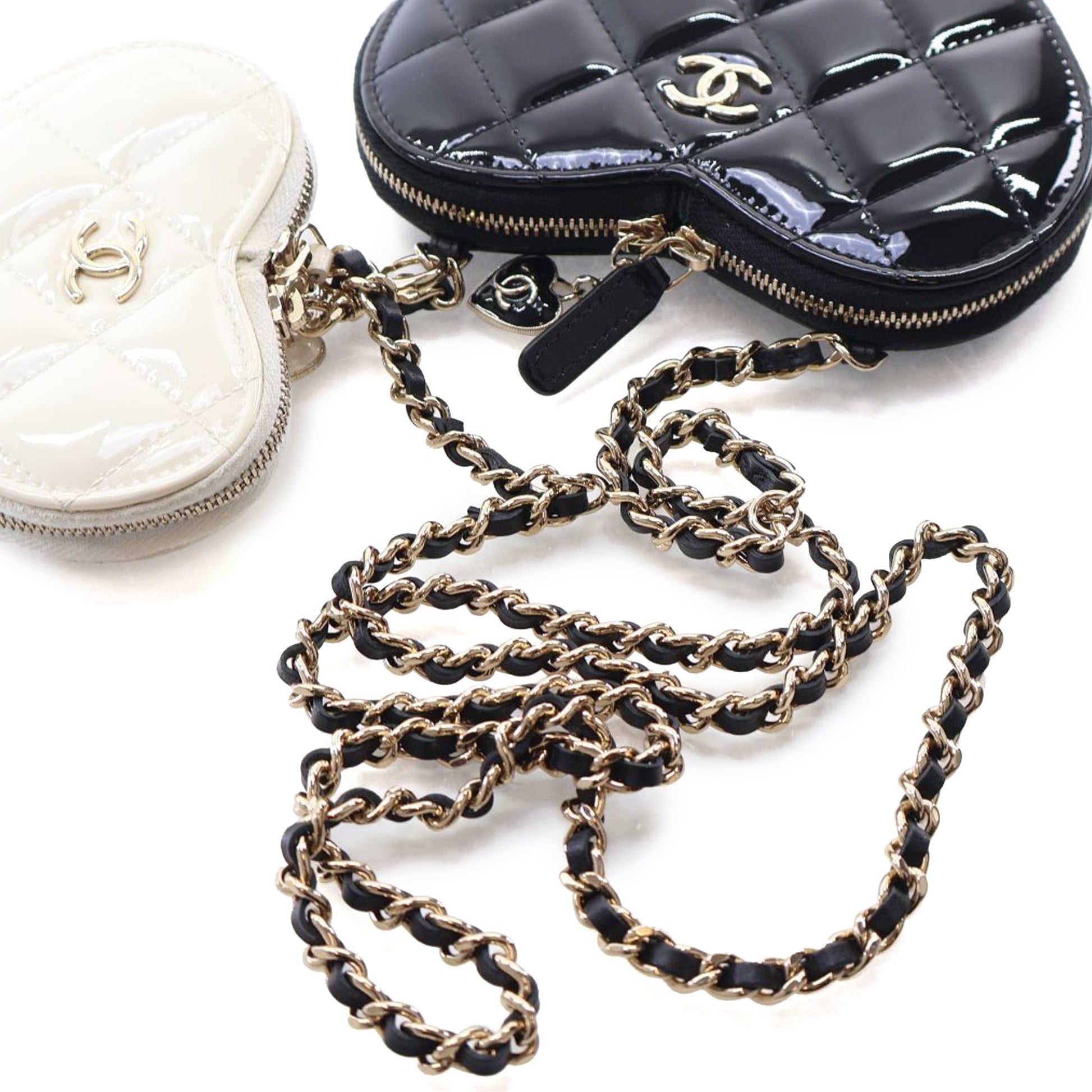 Chanel Quilted Patent Duo Heart Clutch with Chain