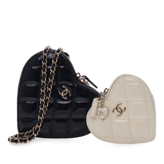 Chanel Quilted Patent Duo Heart Clutch with Chain